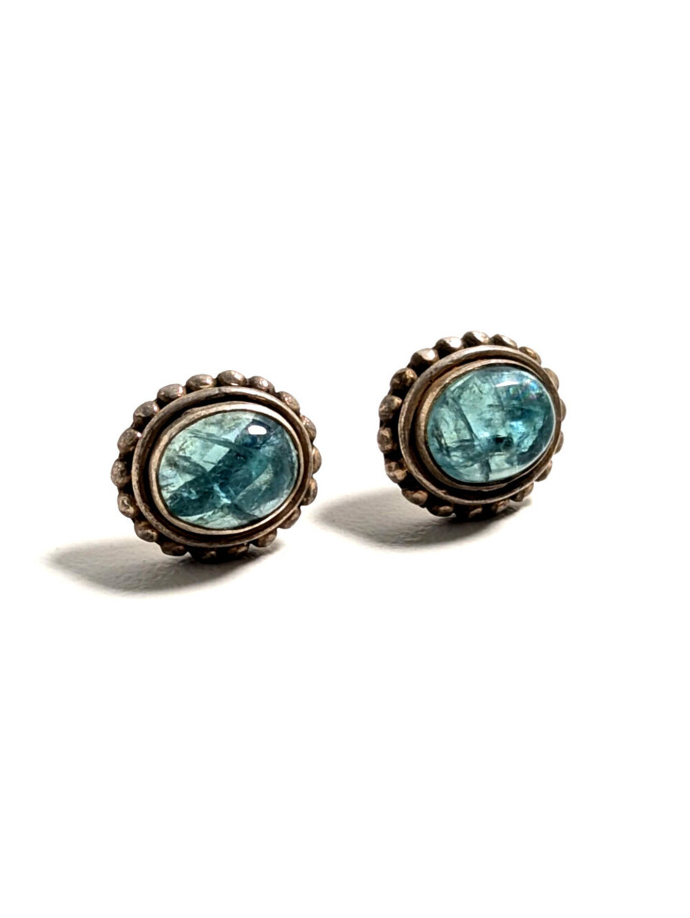 Elegant Sterling Silver 925 Aqua Green Stone 1.5cm Oval Bezel Stud Earrings 6g